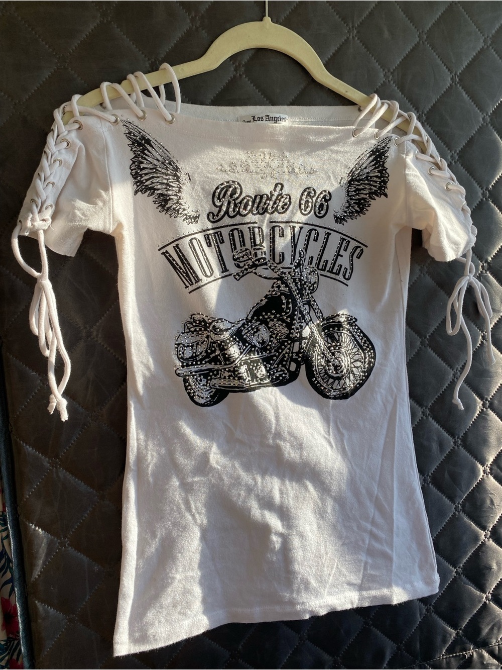 Route 66 Motorcycle Mcbling Graphic Lace-Up Y2K style tee
